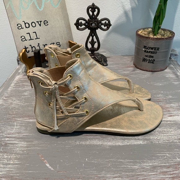 GOLD gladiator ankle high bootie sandals New in box NIB 7 7.5 8 9 - Picture 3 of 13